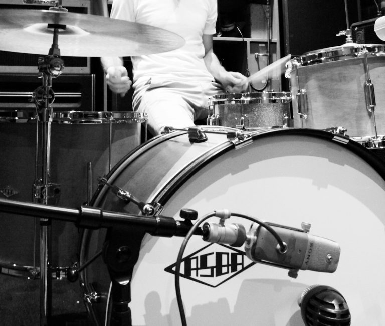 Drum kit set up for a recording session