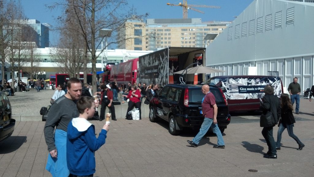 Crowds and exhibition traffic outside Messe Frankfurt during Musikmesse 2012