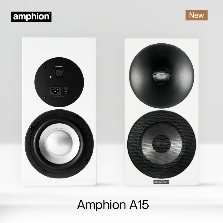Front and rear views of the Amphion A15 active loudspeaker