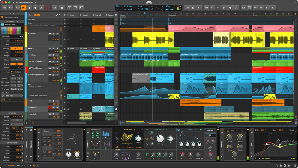 Bitwig Studio arrangement, mixer and device interface