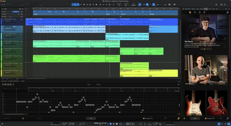 Fender Studio Pro digital audio workstation showing a multitrack production session