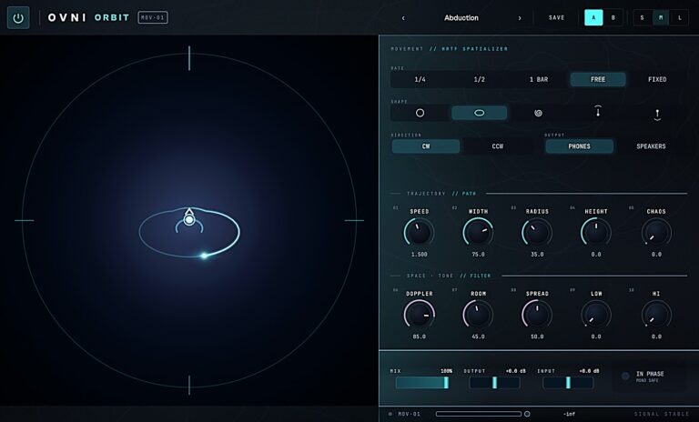 OVNI ORBIT binaural spatial processor interface with position radar and motion controls